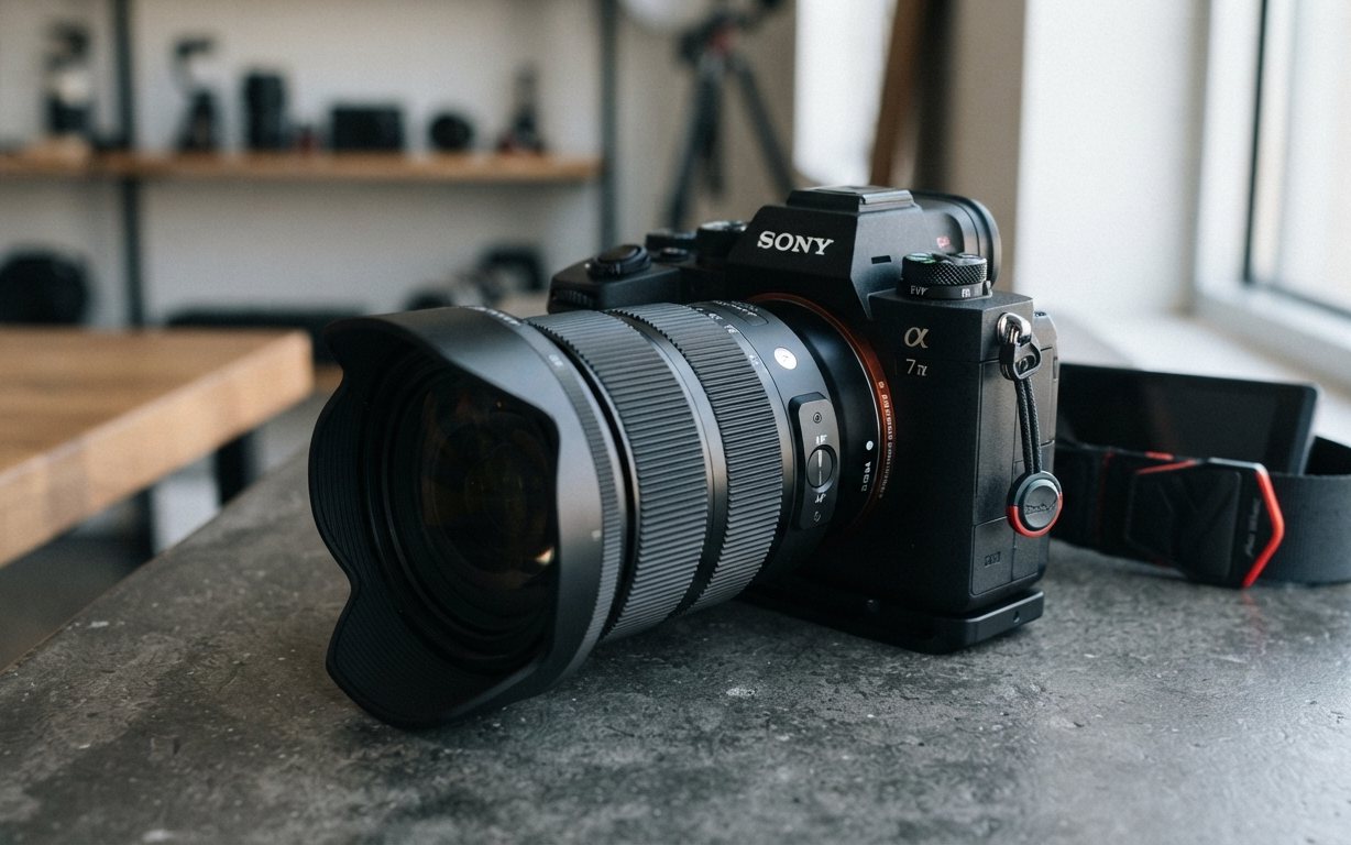 A Sony a7 IV camera with a Sigma lens on a studio counter — the professional gear behind AscendedGrowth's photography
